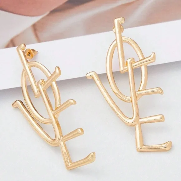 Gold 'LOVE' Statement Drop Earrings for Women - Picture 3 of 3